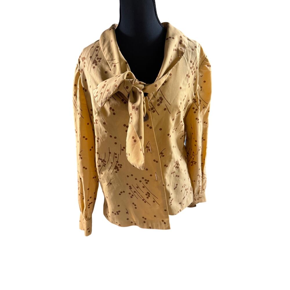 VTG 70s Bow Blouse Wood Button Yellow Tan Abstract Geometric Top M/L